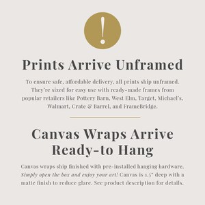 text that provides information about the arrival of canvas prints and the process of hanging them. It mentions that canvas prints are arriving unframed and ready-to-hang, and that they are ship-framed with pre-installed hanging hardware. The text also mentions that the canvas wraps are 1.5" deep with a matte finish to reduce glare. The image does not contain any additional information that can be described in fewer than 500 characters.