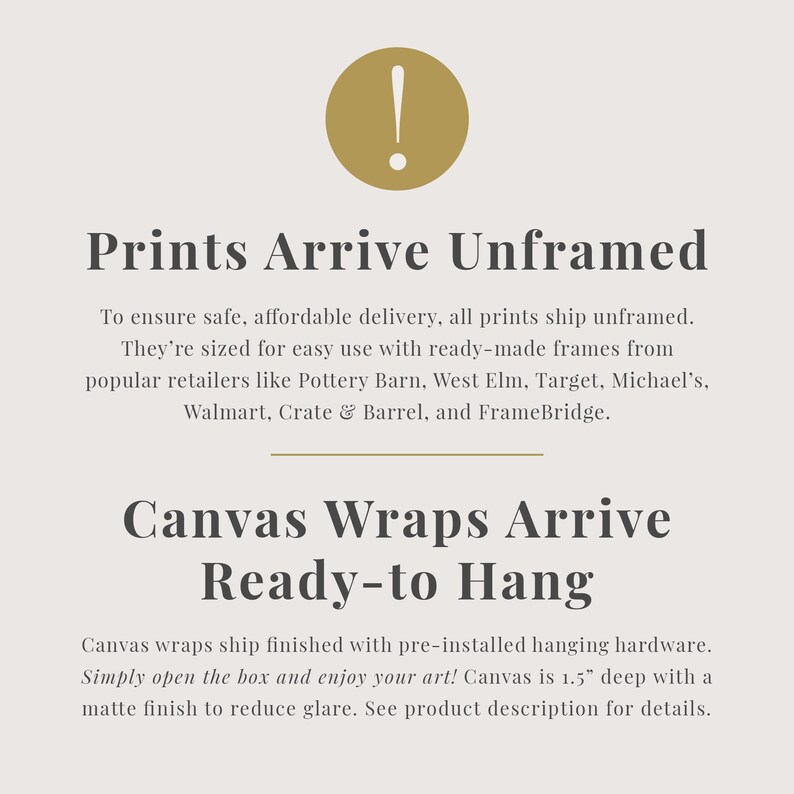 text that provides information about the arrival of canvas prints and the process of hanging them. It mentions that canvas prints are arriving unframed and ready-to-hang, and that they are ship-framed with pre-installed hanging hardware. The text also mentions that the canvas wraps are 1.5" deep with a matte finish to reduce glare. The image does not contain any additional information that can be described in fewer than 500 characters.