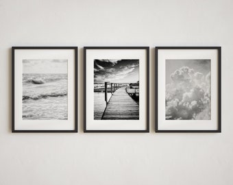 Minimalist Black and White Print or Canvas Set, Beach, Nautical and Clouds Pictures for Office or Bedroom Wall Decor, 3 Modern Art prints