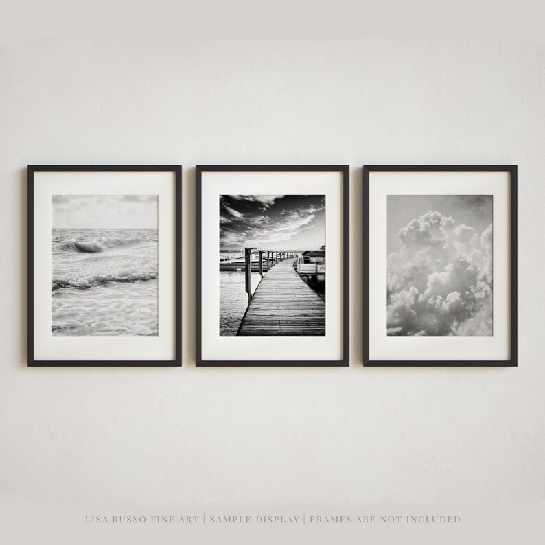 Minimalist Black and White Beach, Nautical and Clouds Wall Art Set for Office or Bedroom Decor 3 Modern Prints image 2