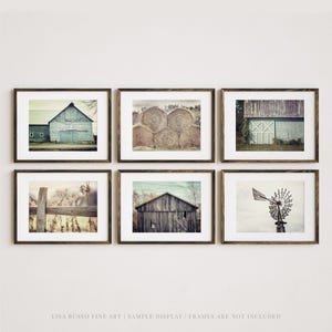 Farmhouse Wall Art Set of 6, Rustic Barn Photography Prints, Aqua Beige Gallery Wall, Country Decor
