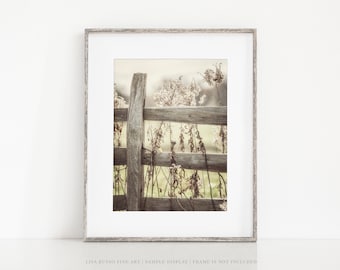 Farmhouse Landscape Photo Print - Vertical Golden Yellow Country Fence Wall Art - Gift for Her