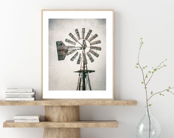 Vintage Rustic Farmhouse Wall Art - Neutral Earth Toned Windmill Print - Beige, Grey - Vertical Photography