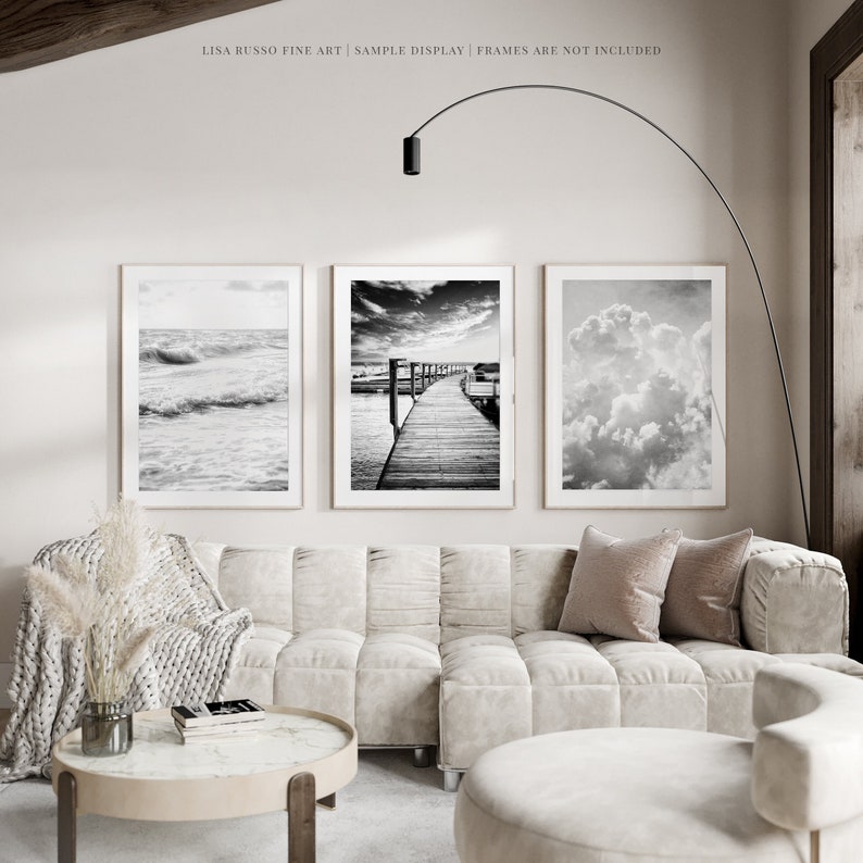 Minimalist Black and White Beach, Nautical and Clouds Wall Art Set for Office or Bedroom Decor 3 Modern Prints image 1