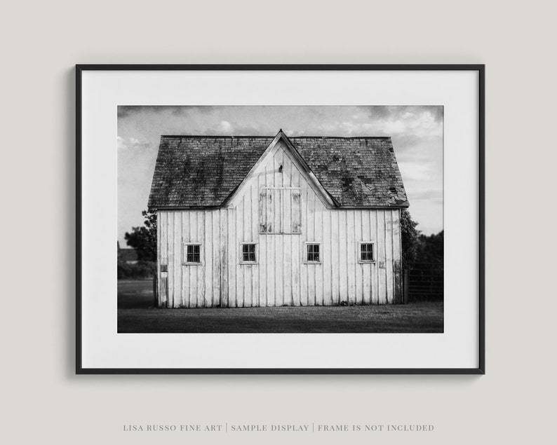 Black and White Wall Art Modern Farmhouse Print or Canvas Rustic White Barn Landscape Photo for Family Room, Living Room or Office Decor image 2