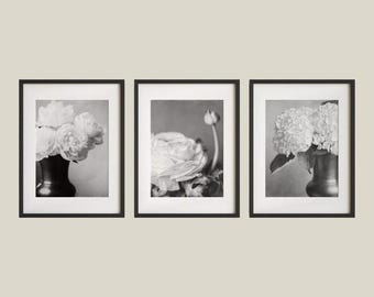 Monochrome Flower Prints Set, Black and White (Peony, Ranunculus, Hydrangea) - Unframed Photography Prints