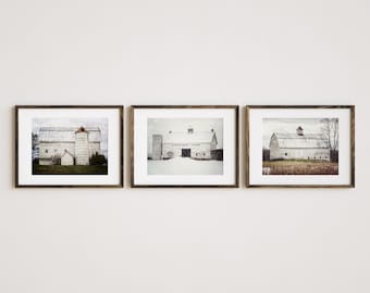 Barn Landscape Photography Set - Modern Farmhouse Home Decor - Neutral White Beige - Set of 3 Prints or Canvas - Housewarming Gift