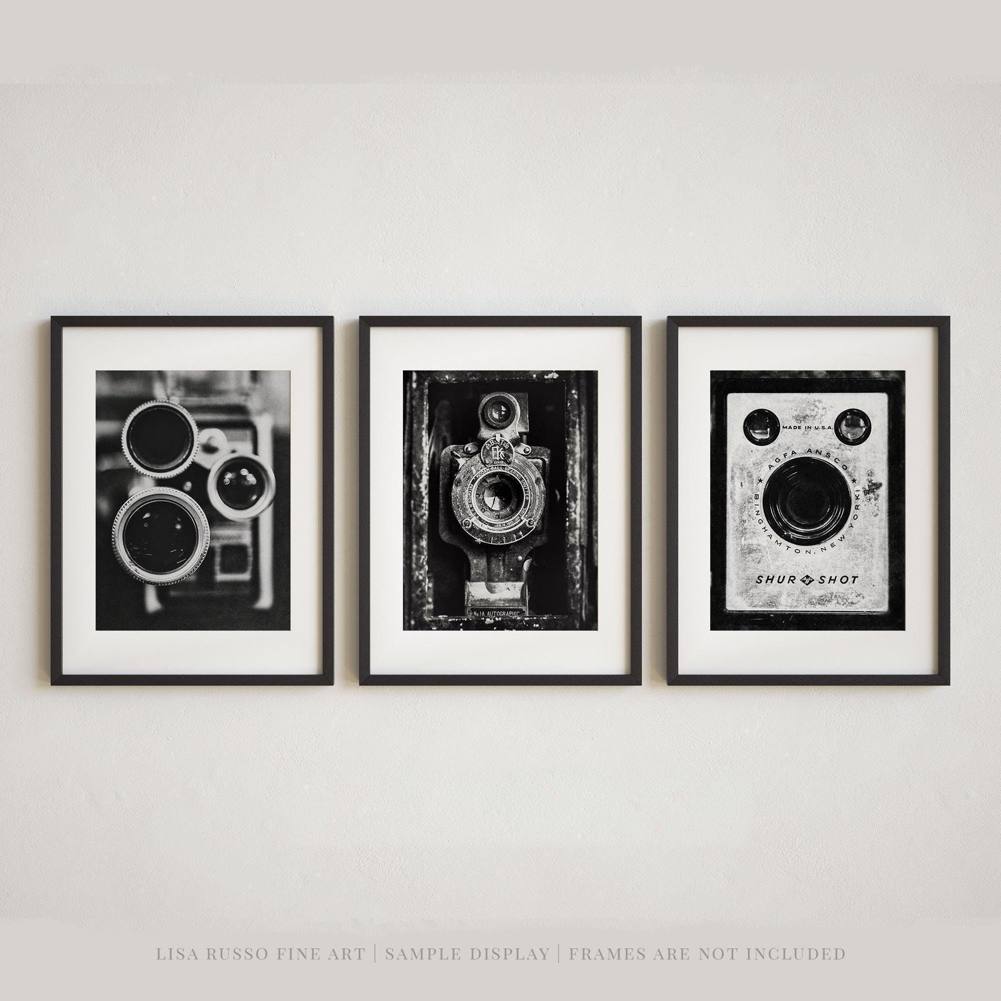 Black and White Vintage Cameras Print Set | Industrial Wall Decor | Gift for Him or Photographer Gifts | Office, Living Room Decor