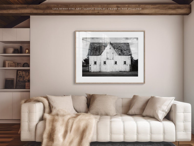 Black and White Wall Art Modern Farmhouse Print or Canvas Rustic White Barn Landscape Photo for Family Room, Living Room or Office Decor image 1