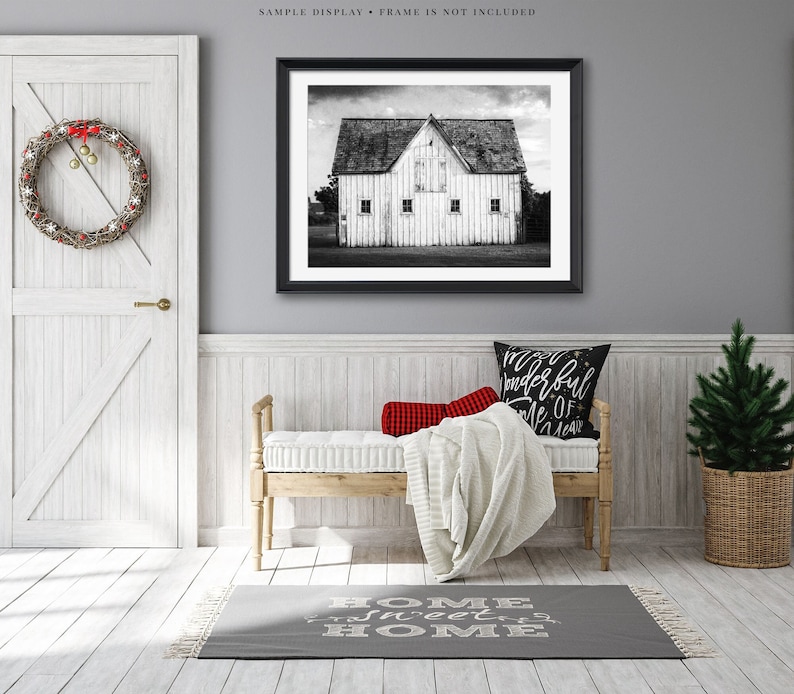 Black and White Wall Art Modern Farmhouse Print or Canvas Rustic White Barn Landscape Photo for Family Room, Living Room or Office Decor image 5