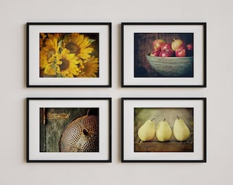 Farmhouse Kitchen Wall Art Set: Rustic Fruit and Sunflower Prints - Unframed Photography Prints