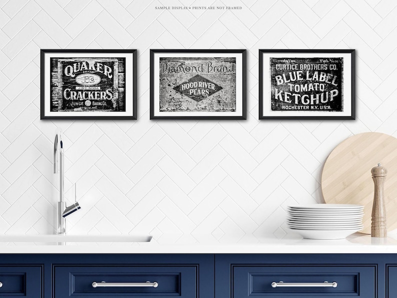 Láminas decorativas vintage para cocina: Juego de 3 láminas de estilo rústico en blanco y negro. imagen 3