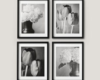 Black and White Floral Prints Set - Vintage Tulip, Peony, Hydrangea Photos - Unframed Photography Prints