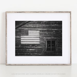 Patriotic Black and White Farmhouse Wall Decor - Country Barn American Flag Photography Print - Americana Gift for Her