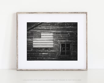 Patriotic Black and White Farmhouse Wall Decor - Country Barn American Flag Photography Print - Americana Gift for Her