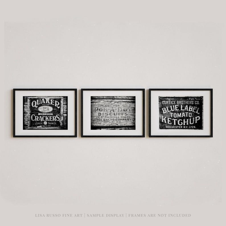 Láminas decorativas vintage para cocina: Juego de 3 láminas de estilo rústico en blanco y negro. imagen 1