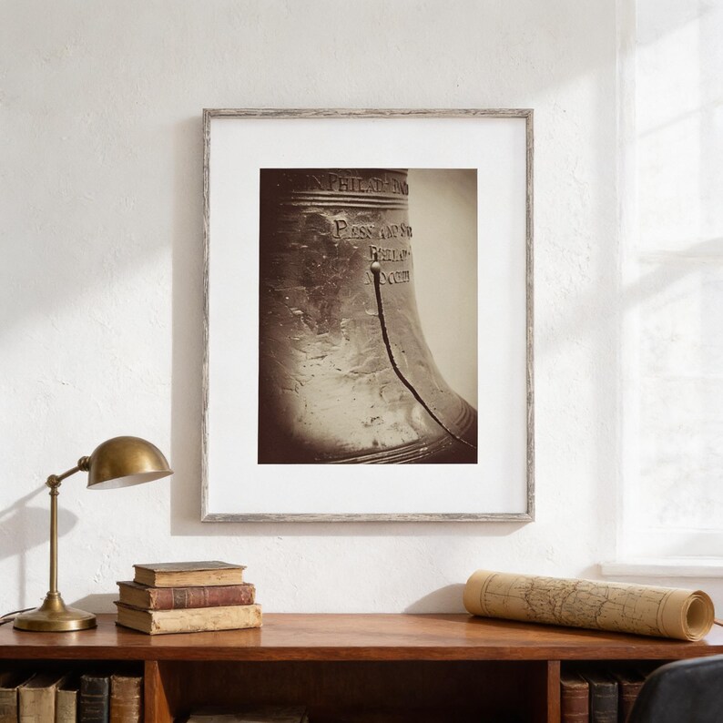 a framed photograph of a bell on a wall above a wooden desk with a lamp, books, and a map.
