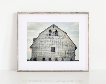 Barn Landscape Print or Canvas Wall Art - Blue Grey or Black and White - White Barn Rustic Home Decor - Farmhouse Photography