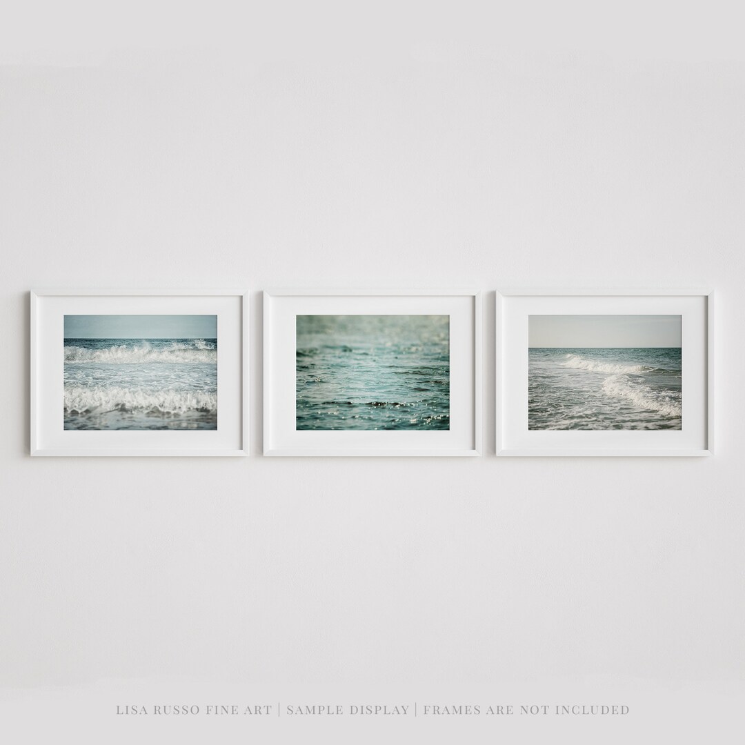 Blue Coastal Wall Decor Set of 3 Beach and Ocean Water Prints for