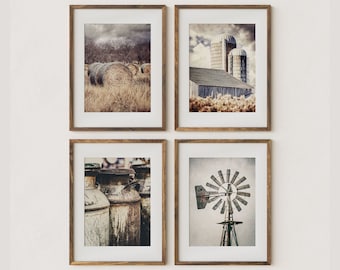 Kitchen Wall Decor Set of 4 Farmhouse Dairy Style Prints or Canvas, Neutral Vintage Beige Milk Cans, Windmill, Hay and Barn for Rustic Decor