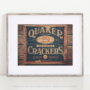 Farmhouse Kitchen Wall Decor - Vintage Style Print - Rustic Brown Dining Room Art - Quaker Crackers Sign