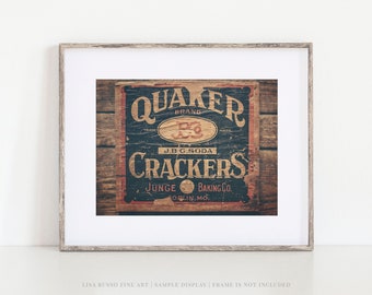 Farmhouse Kitchen Wall Decor - Vintage Style Print - Rustic Brown Dining Room Art - Quaker Crackers Sign