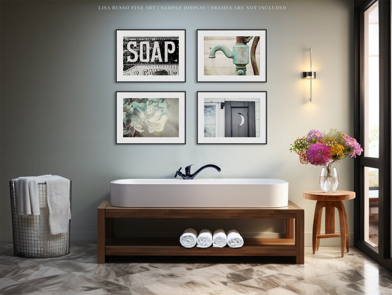 Farmhouse Bathroom Wall Decor Prints or Canvas, Rustic Bathroom Art Set, Teal, Black, Blue, Soap Sign, Water Pump, Outhouse Moon, Bath Art image 1