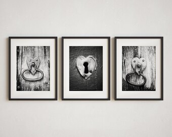 Conjunto de láminas decorativas rústicas para pared, corazones vintage en blanco y negro para puertas - Impresiones fotográficas sin marco