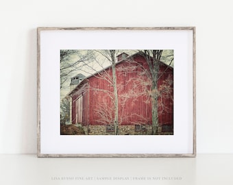 Red Farmhouse Wall Art - Rustic Barn Landscape Photo Print for Country Home Decor - Gift for Her