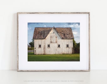 Farmhouse White Barn Landscape Print - Original Art for Living Room and Kitchen Decor - Rustic Barn Photography