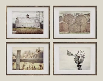 Farmhouse Wall Art Set: Rustic Barn and Windmill - Neutral Tones - Unframed Photography Prints