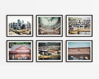 Pittsburgh Landscape Photo Prints and Canvas Set - Colorful Pirates and Steelers Stadium Art - Set of 6