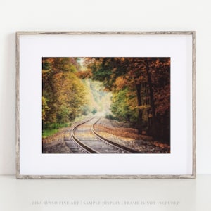 Autumn Landscape Print - Fall Train Tracks, Trees and Woods Photography - Rustic Fall Decor Art