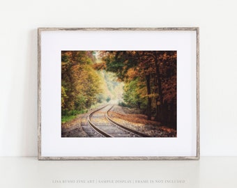 Autumn Landscape Print - Fall Train Tracks, Trees and Woods Photography - Rustic Fall Decor Art