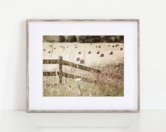 Neutral Beige Farmhouse Wall Art Print - Scotland Hayfield with Fence Photograph - Vintage Style Rustic Home Decor - Neutral Tones