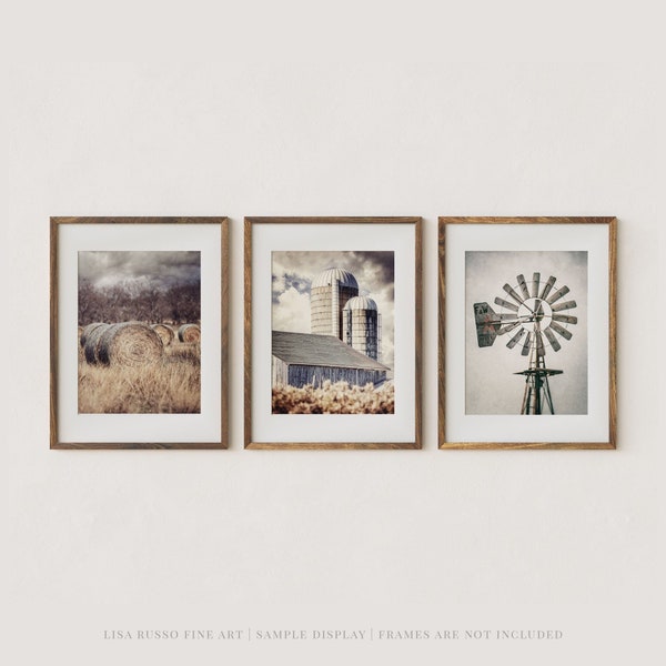 Farm Photo Prints Set - Rustic Farmhouse Wall Decor - Barn, Hay, Windmill - Neutral Modern Art - Vertical Trio - Home Decor