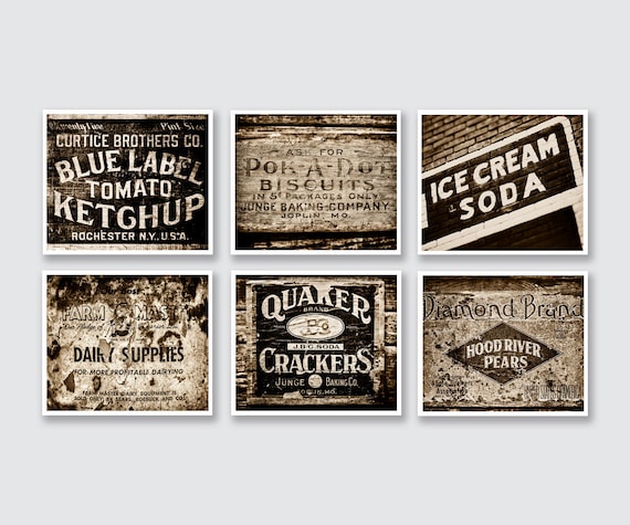 Vintage Sepia Kitchen Wall Art Decor Set Of 6 Rustic Sepia Etsy