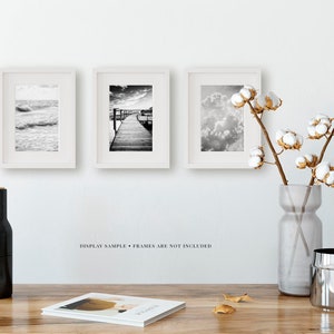 Minimalist Black and White Beach, Nautical and Clouds Wall Art Set for Office or Bedroom Decor 3 Modern Prints image 3