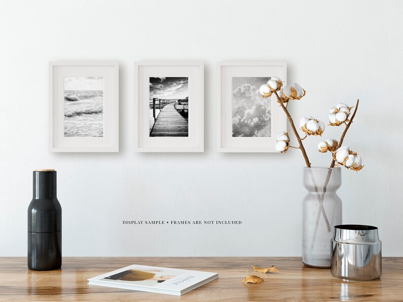 Minimalist Black and White Beach, Nautical and Clouds Wall Art Set for Office or Bedroom Decor 3 Modern Prints image 3