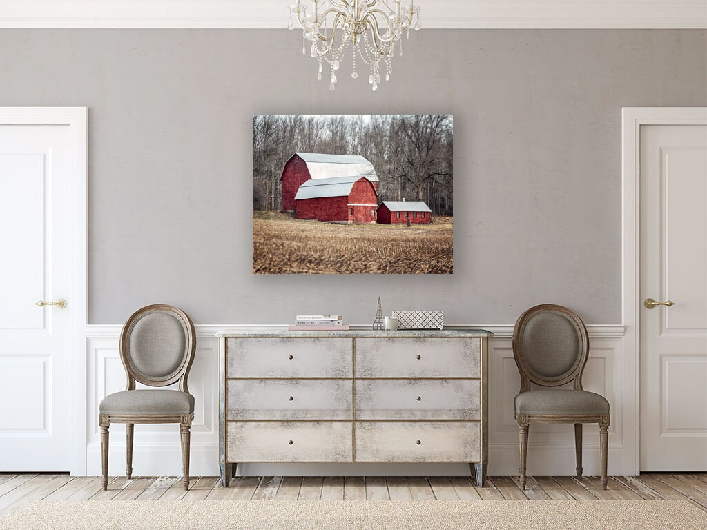 Red Rustic Country Wall Art Decor. Red Barn Landscape in the Etsy