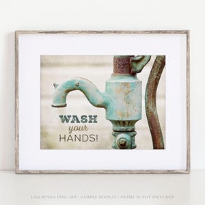 Funny Kids Bathroom Wall Decor | Wash Your Hands in Rustic Aqua, Beige, Teal | Perfect for New Parents