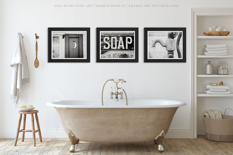 Farmhouse Black and White Bathroom Art Prints or Canvas Set Country Bathroom Wall Decor Gift for Her Set of 3 image 1