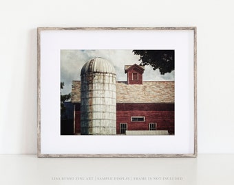 Modern Farmhouse Red Barn Landscape Print or Canvas - Country Home Decor - Barn with Silo