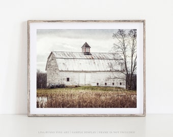 Farmhouse Barn Landscape Wall Art - Neutral Beige Print or Canvas for Living Room, Kitchen, Bedroom - Country Farmhouse Decor