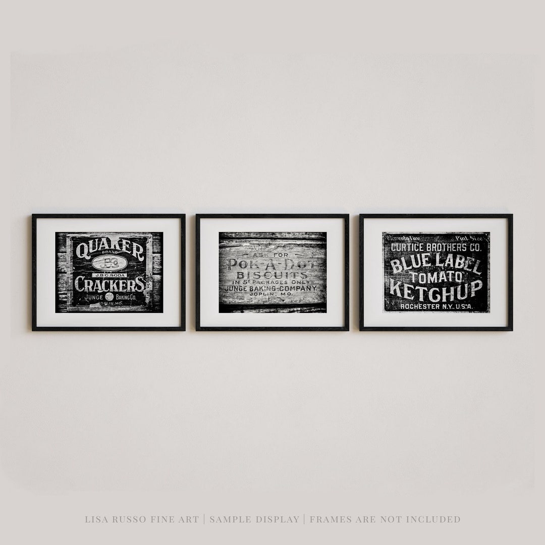 Black and White Kitchen Wall Art Set Rustic Farmhouse Prints or Canvas