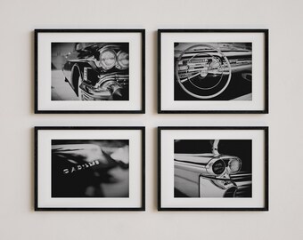 Vintage Cadillac Car Wall Art Set - Black and White Photos or Canvas Prints - Mid-Century Modern Home Decor - Gift for Him or Dad