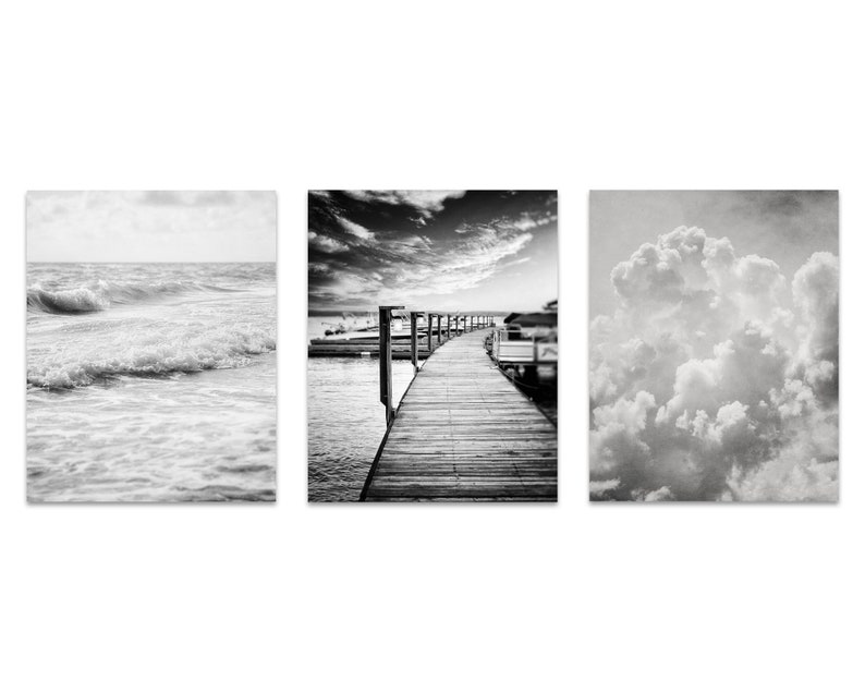 Minimalist Black and White Beach, Nautical and Clouds Wall Art Set for Office or Bedroom Decor 3 Modern Prints image 5