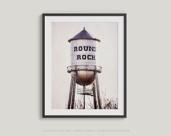 Vintage Water Tower Print - Rustic Farmhouse Decor - Downtown Round Rock Texas - Built in 1935 - Earthtones - Gift for Her