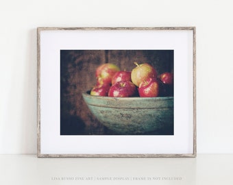 Farmhouse Apples Print in Teal Bowl for Kitchen Decor - Original Art - Gift for Mom