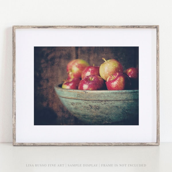 Farmhouse Apples Print in Teal Bowl for Kitchen Decor - Original Art - Gift for Mom